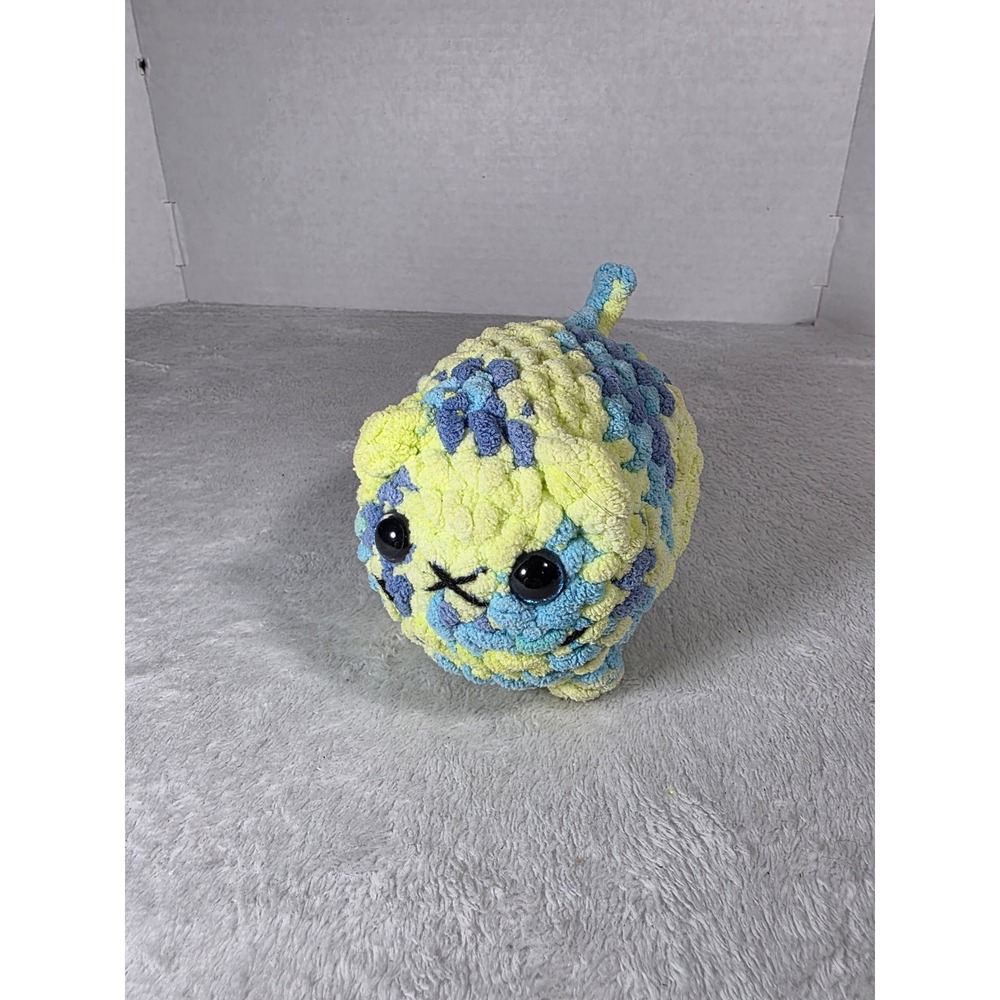 Handmade Crochet Plush Cat Yellow Blue Chunky Yarn Amigurumi Soft Kitten Toy